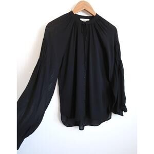 AMOUR VERT Georgette Chiffon Shirred Blouson Sleeve Tie-Neck Blouse Top XS $165